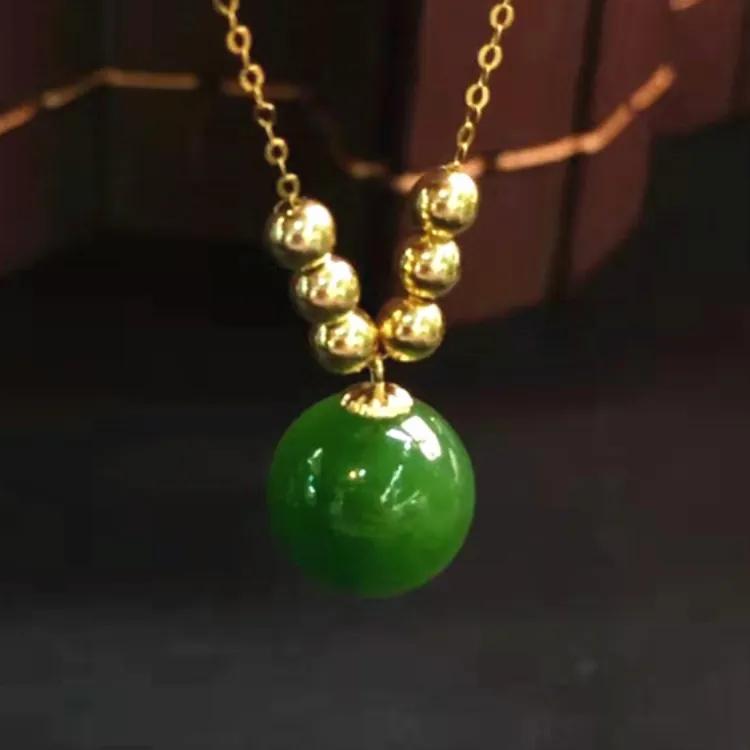 Vintage yeşil yeşim taş takı 18k altın 9.5mm doğal Hetian Jasper kolye kolye
