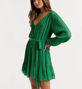 Women Comfortable Ruffles Elegant Emerald Belt Green Peplum Smock Long Sleeve Pleated Dresses