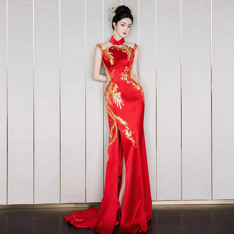 open lace back dress 2025 Red Sequins Dragon Wedding Bride Qun Kwa Xiuhe