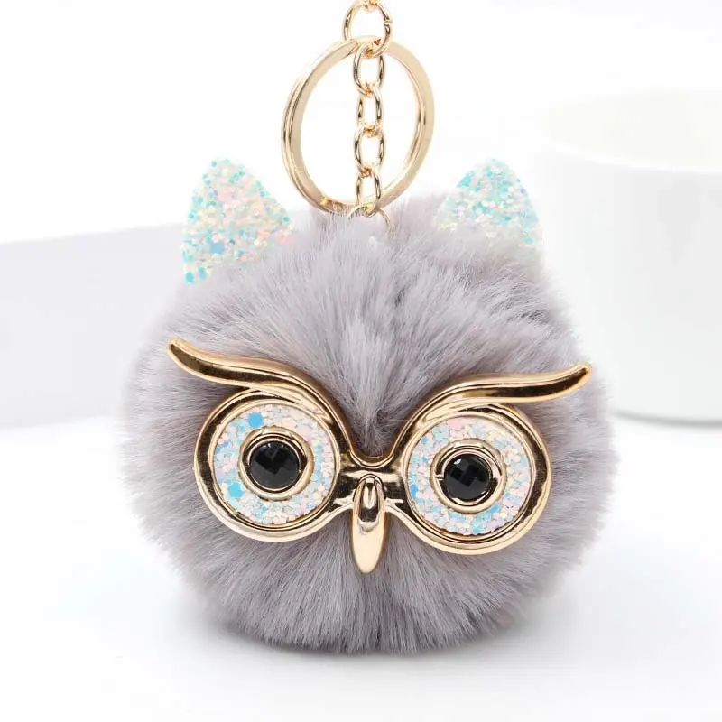 Pompom Owl Keyring Multicolor Fluffy Shinny Crystal Key Chains Metal Eyes Pom Pom Bag Pendant Keychain