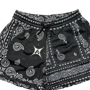 Zweilagige schwarze Paisley-Shorts mit Mesh-Shorts mit Taschen und Schnüren