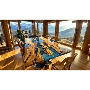 Table à manger en bois et résine époxy la plus vendue avec rivière en résine intégrée et pieds en métal pour salle à manger, disponible au meilleur prix - Product Image 1