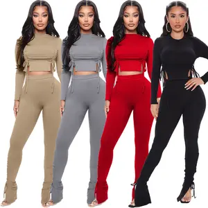 New High Quality Workout Long Sleeve Yoga Custom Logo Two-piece Lady Fitness With Pleated Pit Stripes Slit Bottoms Women Set