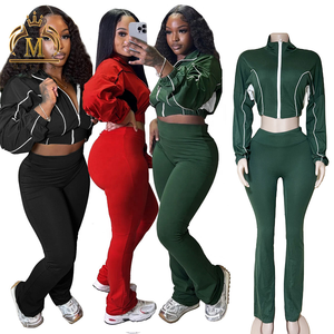 新款女式秋季套装拉链裁剪夹克和长裤2件套休闲女士慢跑裤2件套女式套装 - Product Image 6