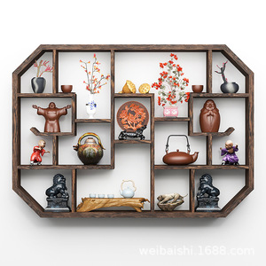 Étagère murale en bois massif, multi-compartiments, nouveau style chinois, support pour théière, étagère de rangement pour salon - Product Image 4