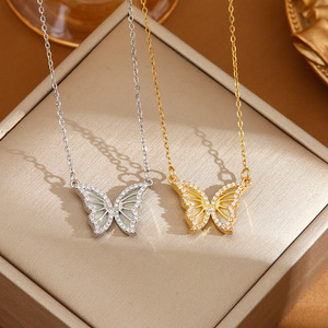 Butterfly Pendant Necklace <b>Titanium</b> Steel Zircon Hollow <b>Chain</b> O-Shaped <b>Chain</b> 41-50cm Women's Fashion Jewelry - Product Image 1