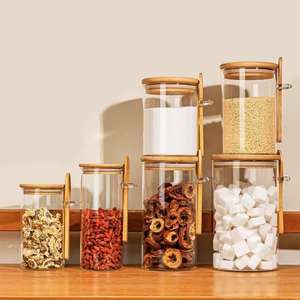 Bocaux en verre borosilicate transparent de plusieurs tailles avec cuillère en bois et couvercle hermétique en bambou et silicone pour fruits secs - Product Image 1