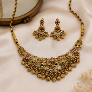 Exquisite Antique 925 Silver Choker <b>Necklace</b> Set with <b>Ruby</b> Emerald Accents Traditional Indian Bridal Jewelry Bhavsar-Party Gift - Product Image 4