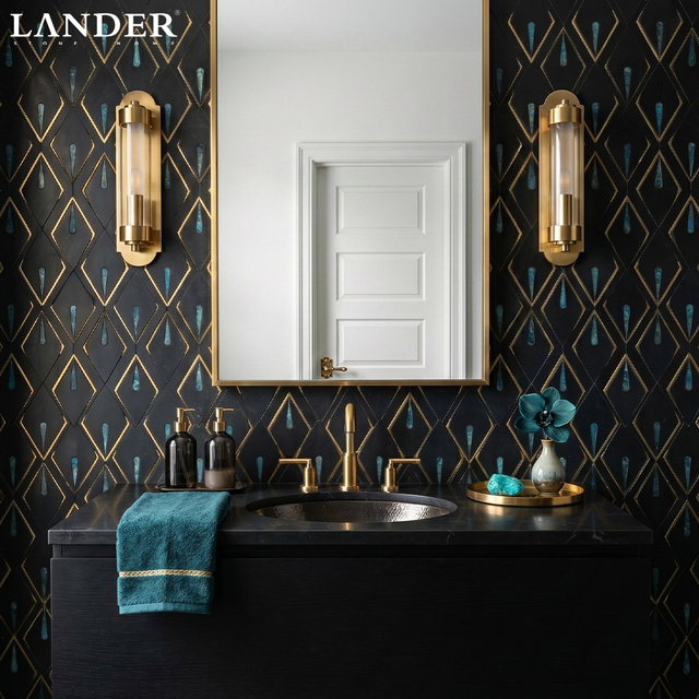 Landerstone Hot Design Black Jade and Glass and Metal Line Waterjet Marble Mosaic Tile