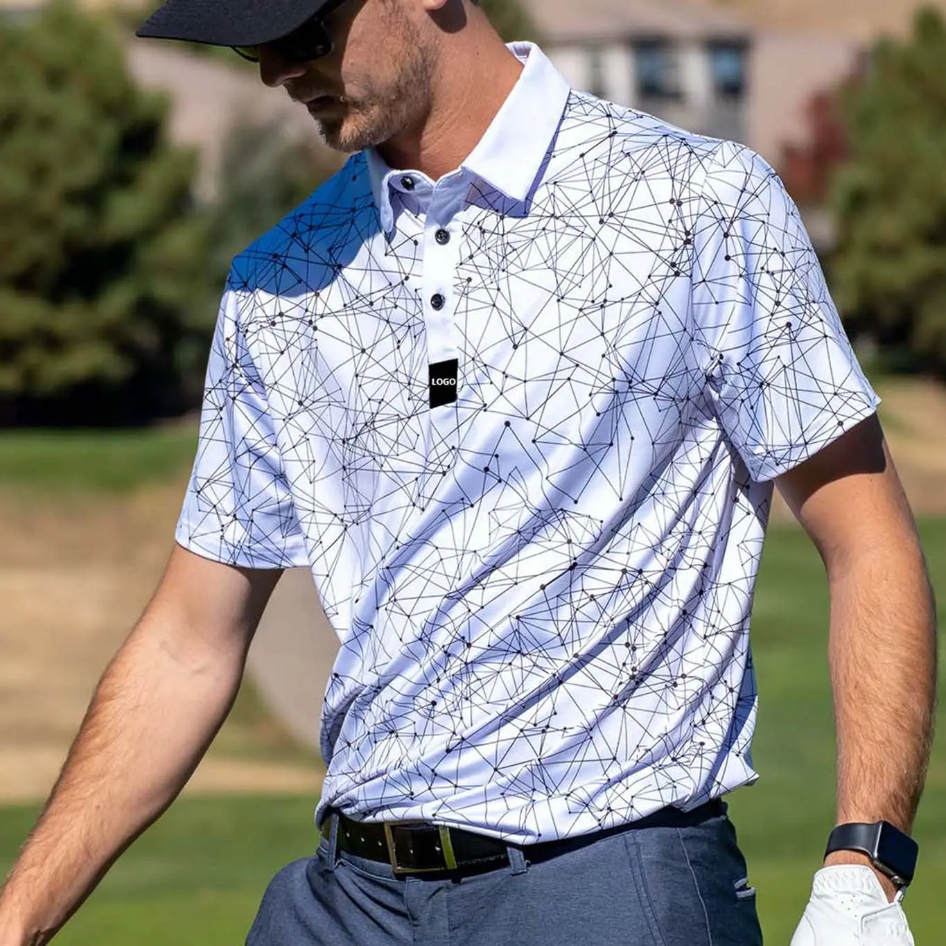 OEM Golf Kleidung trocken Slim Fit vertikale Mesh Polo weiß geometrischen Druck gestickt Logo benutzer definierte Stoff Gohar Golf Polo-Shirt