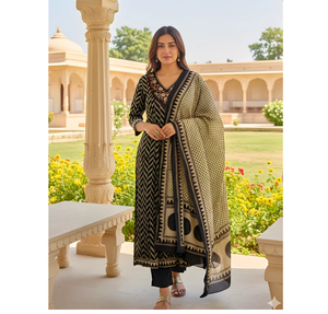 Ensemble de costume à imprimé géométrique noir et beige pour femmes, tenue décontractée ethnique élégante avec dupatta assorti - Product Image 1