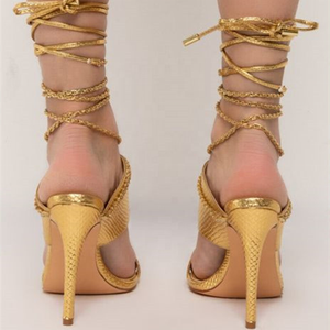 Sandales d'été 2022 personnalisées en cuir serpent doré à lanières, chaussures à talons fins pour femme à bout carré et brides croisées, taille 43 - Product Image 4