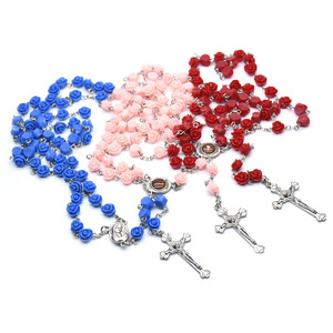 Resina Rosa flor collar Rosario <span class=keywords><strong>Virgen</strong></span> María Cristo cruz cristiana católica cuentas de oración - Product Image 1