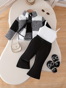 Setelan Tiga Potong Kasual Festival Musim Dingin untuk Bayi Perempuan: Mantel + Rompi Putih + Celana Lonceng Hitam Bahan Spandex/Poliester - Product Image 1