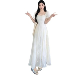 French Square Collar Long Dress Natural Waist Translucent Splicing Irregular Club Wear - Product Image 5
