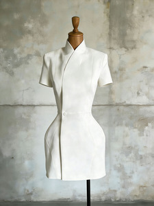 Abito da donna 2026 nuovo stile con colletto alla coreana e bottone singolo, vestito slim a vita stretta, gonna corta casual e semplice a tinta unita - Product Image 3