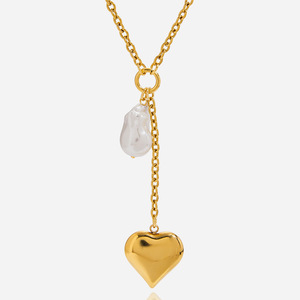 Collar con colgante de perla en forma de corazón, cadena en Y de acero inoxidable chapado en oro de 18 quilates para mujer, regalo de joyería - Product Image 1