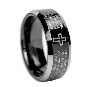 Dongguan Hot Selling Black Fashion Jewelry Accessories Bible Cross Men's Lords Prayer Rings for Men 8mm