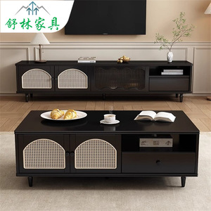 Meuble TV et table basse en bois massif de style vintage avec rangement pour salon et usage domestique - Product Image 1