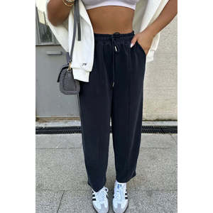 กางเกงขายาวเอวสูงสีดำสำหรับผู้หญิง ทรงขากว้าง ปิดด้วยเชือกผูก ระบายอากาศได้ดี ทำจากหนัง พิมพ์ลายด้านหน้า สีซีดสไตล์ลำลอง - Product Image 2