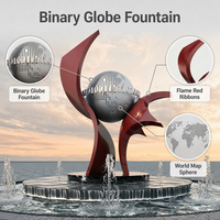 Fontaine sculpturale abstraite moderne en acier inoxydable sur mesure, grande sphère flamme rouge soudée |   Lieu emblématique d'art métallique extérieur pour