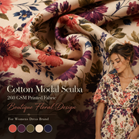 Tissu en maille scuba imprimé floral en coton, modal et élasthanne 260 GSM pour robes structurées, marques de vêtements pour femmes, vente en gros