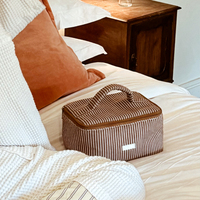 Bolsa de Maquillaje de Viaje para Mujer, Cuadrada, de Gran Capacidad, con Rayas Color Castaño y Asa