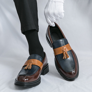 Chaussures habillées pour <span class=keywords><strong>homme</strong></span> en cuir marron <span class=keywords><strong>marine</strong></span> contrasté, à enfiler, antidérapantes, respirantes, à bout pointu, pour le bureau, les mariages, printemps, été, automne, hiver - Product Image 2