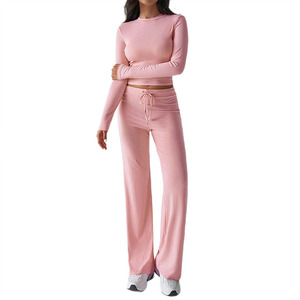 Ensemble de survêtement OEM pour <span class=keywords><strong>femme</strong></span>, t-shirt à manches longues et <span class=keywords><strong>pantalon</strong></span> de sport/yoga, couleur unie, automne-hiver, <span class=keywords><strong>viscose</strong></span>, <span class=keywords><strong>élasthanne</strong></span>, <span class=keywords><strong>polyester</strong></span>, infroissable - Product Image 5