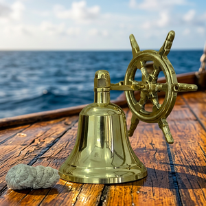 Campana de latón hecha a mano con forma de timón de barco, decoración náutica vintage para colgar en la pared, adorno marítimo para yates, embarcaciones y hogares costeros. - Product Image 2