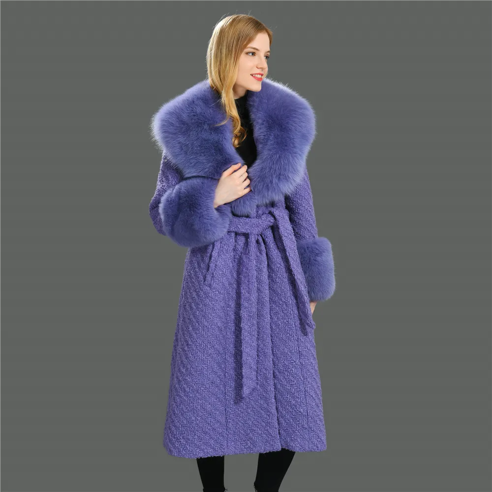 Collar y puños largos de piel de zorro para mujer, abrigo de Cachemira de lana gruesa púrpura a la moda, venta al por mayor, novedad
