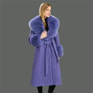 새로운 트렌드 도매 플러스 긴 진짜 여우 모피 칼라 및 커프스 패션 보라색 두꺼운 따뜻한 여성 양모 캐시미어 코트 모피