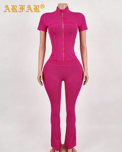 Custom Letter Printing Fall Activewear Sets <strong>Women</strong> Clothes Stand Collar Short Sleeve Zip Crop Top Flare Pants 2 Piece Tracksuit - Product Image 2