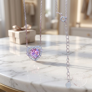 Collar con Colgante de Diamante Rosa Corte Corazón, Cultivado en Laboratorio, con Halo, Chapado en Plata de Ley 925, para Mujer, Romántico y de Lujo Certificado - Product Image 2