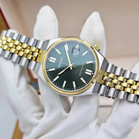 Montre mécanique automatique pour homme, bicolore or et acier, cadran guilloché vert, fond transparent, bracelet, montre-bracelet avec date