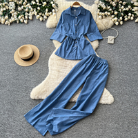 Ensemble décontracté 2 pièces pour femme printemps-été : chemise à col et poche poitrine avec cordon de serrage, manches 3/4, et pantalon large à taille élastique