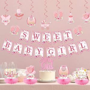 Decorazioni Rosa per Baby Shower, Articoli per Baby Shower 'Sweet Baby in Bloom', Topper per Torta 'È una <span class=keywords><strong>Bambina</strong></span>', Decorazioni a Nido d'Ape, Bandierine Appese - Product Image 3