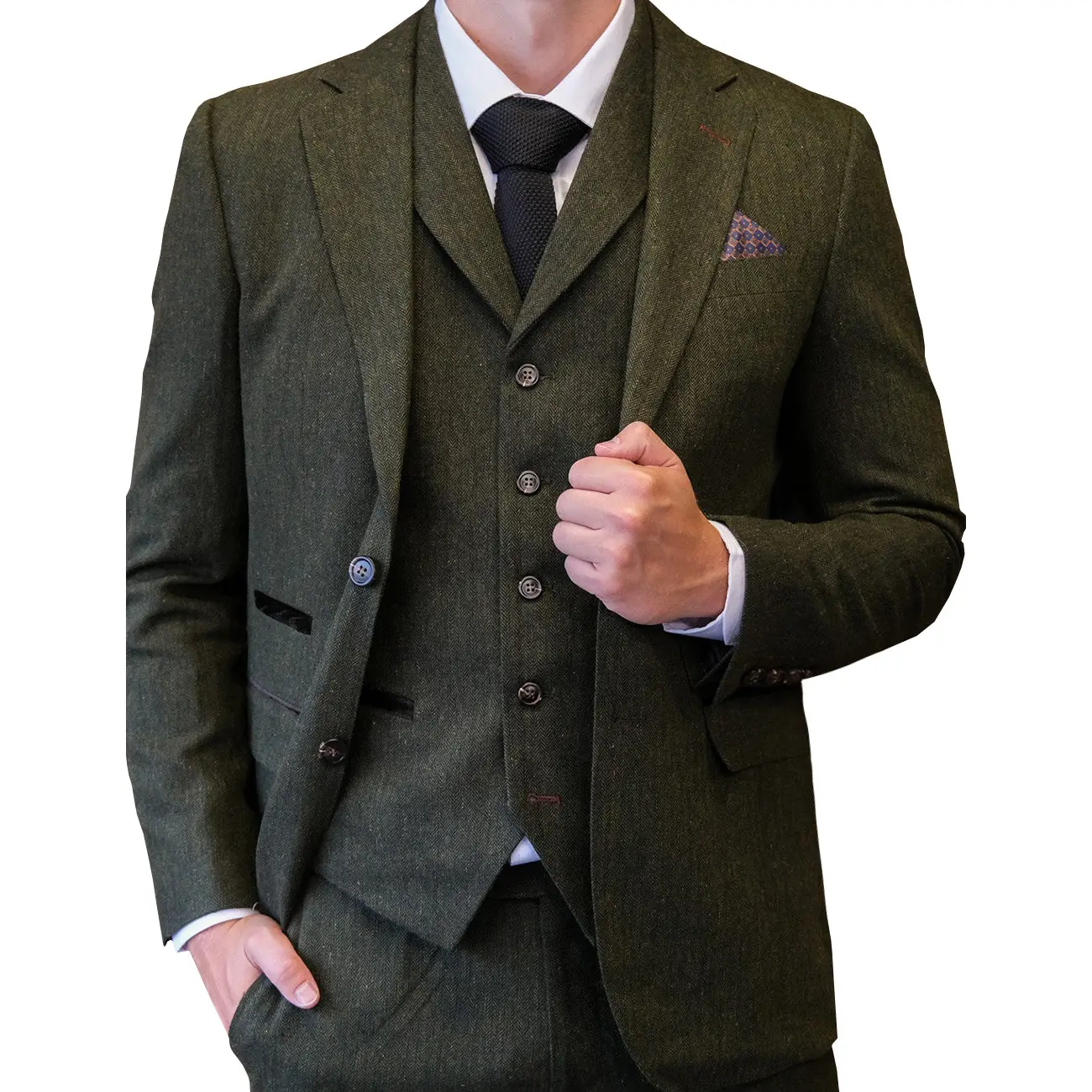 Costumes classiques pour hommes coupe régulière 3 pièces Tuxedos Tweed chevrons revers cranté Blazer gilet pantalon pour les mariés de mariage