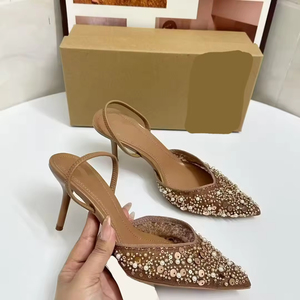 2025 Summer New Women's Pointed Toe High Heels <strong>Slippers</strong> Sexy <strong>Beaded</strong> Inlaid <strong>Mesh</strong> Exposed Heels Sandals Outdoor Style - Product Image 3