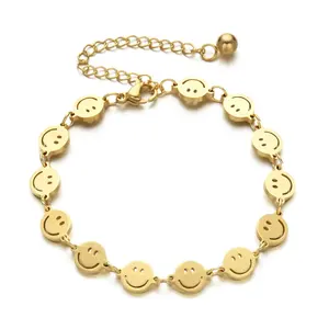 Shiny gold plated customise jewellery women ladies stainless steel disc tags charms smile face bracelet