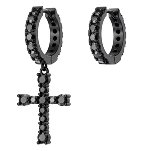 Black Plated 925 <b>Silver</b> Hoop <b>Earrings</b> with <b>Cross</b> Pendant Round Brilliant Cut Crystal Rhinestone Bezel Setting Unisex Everyday W - Product Image 1