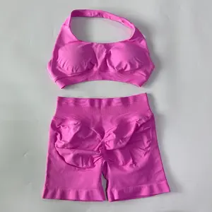 Ohne Logo 2-teiliges Set Damen Einfarbiger Nahtloser Yoga Workout Neckholder Sport-BH Geraffte Shorts Schnelltrocknende Fitness Sportbekleidung - Product Image 4