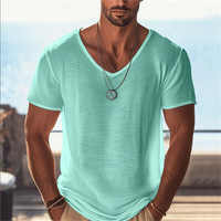Nouveau T-shirt Homme Grande Taille Américain et Européen, Vintage, Couleur Unie, Fin, Respirant, Col en V, Coupe Ample, Manches Courtes