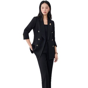 Women's Lake Blue Suit Set Double Breasted Jacket Pants Anti-Wrinkle Formal Wear For Commute - Product Image 5
