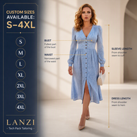 Robe midi col en V à marque privée, fabrication OEM ODM, manches bouffantes, boutons sur les poignets, fente avant, taille élastique et froncée à l'arrière