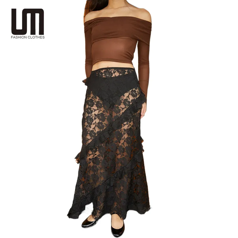 Liu Ming Y2k Vintage 2024 tendances femmes Sexy voir à travers dentelle maille longue taille haute Maxi jupe