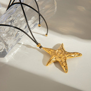 Starfish Pendant Necklace Stainless Steel Gold Plated Black Waxed <b>Rope</b> <b>Chain</b> Geometric Design Fashion Jewelry - Product Image 3