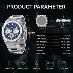 Orologio da uomo <span class=keywords><strong>SAPPHERO</strong></span> Orologio impermeabile Funzione cronografo Data Lancette luminose Orologio in acciaio inossidabile Orologio da lavoro per uomo Regalo - Product Image 5