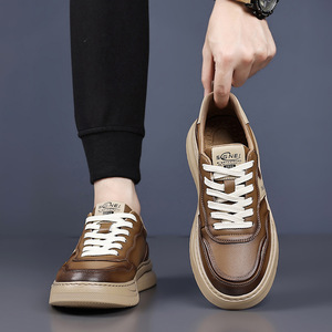 Zapatillas de cuero para hombre, con punta redonda, cordones, suela gruesa, antideslizantes, informales, para otoño. - Product Image 2
