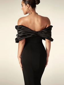 Robe élégante noire en satin pour femme, moulante, mi-longue, dos nu, épaules dénudées, à volants, pour soirée formelle, cocktail, été - Product Image 5